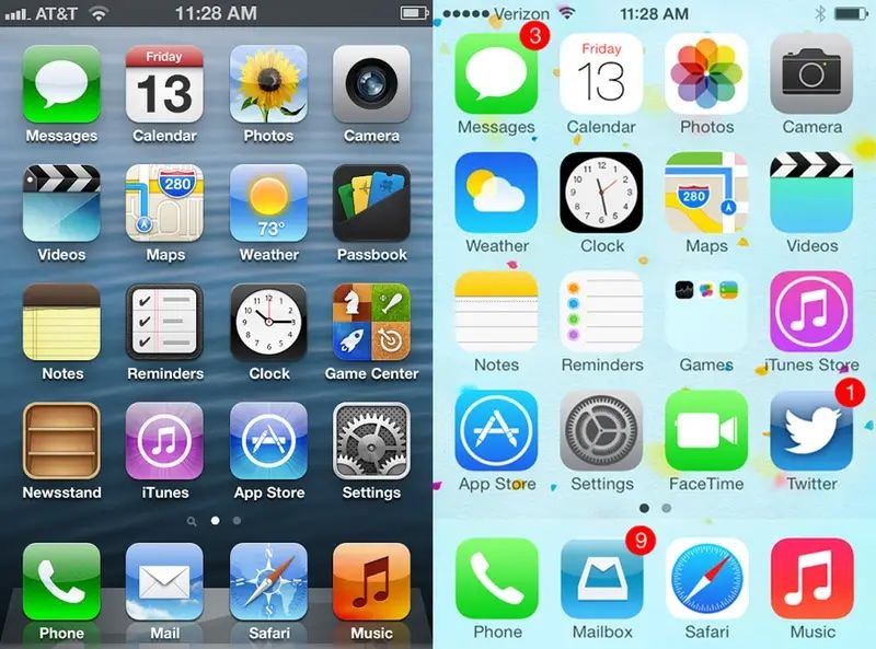 A side by side comparison of Apple's iOS 6 and 7 with two iPhone screens next to one another.